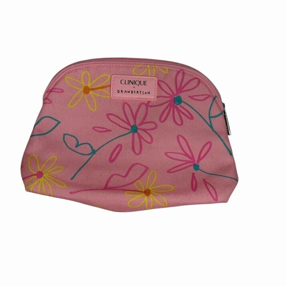 Clinique x Drawbertson Makeup Bag Pink Floral Zip Pouch Travel Case